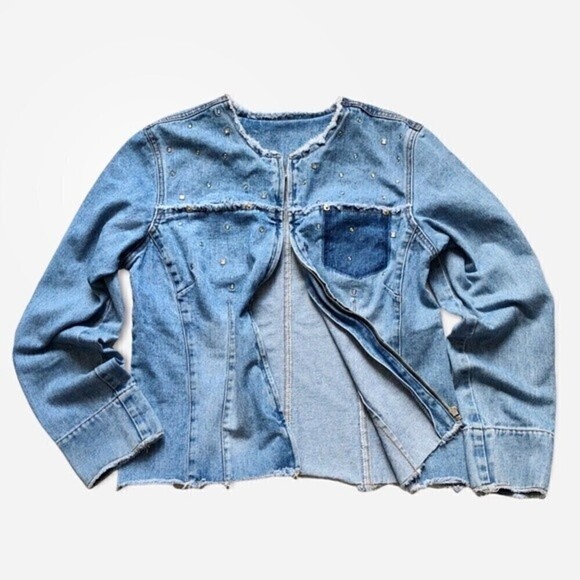 Vintage 80s Express Denim Jean Jacket Studded Fitted Collarless Inside Out Seams - Picture 5 of 16